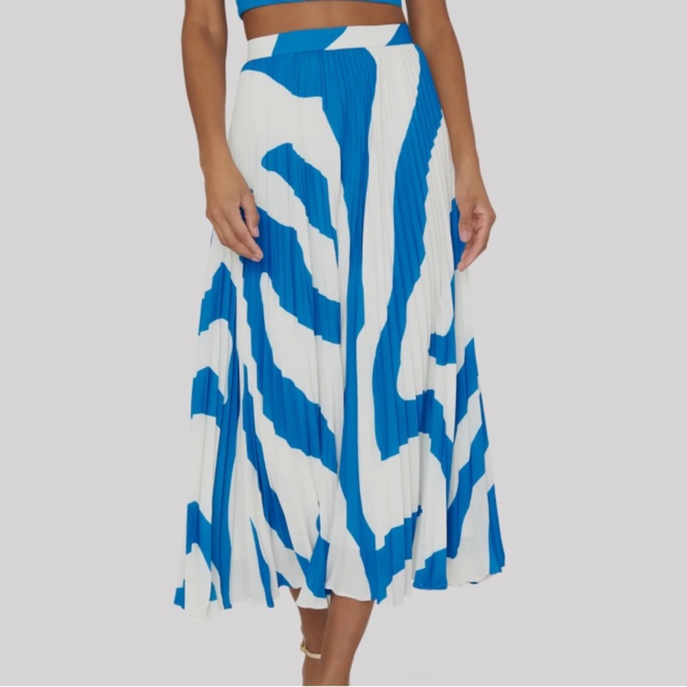 MILLY Otha Zebra Print Pleated Skirt in Capri blue & Ecru